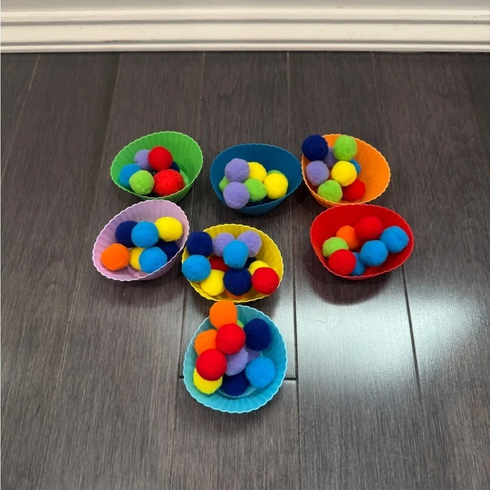 NWOT Colorful Pom Pom Sorting Toy Set with Silicone Cups Toddlers Kids
